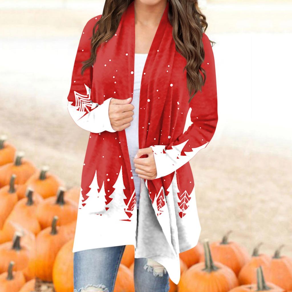 Women's Fashion Casual Christmas Print Mid Length Slim Fit Cardigan Coat