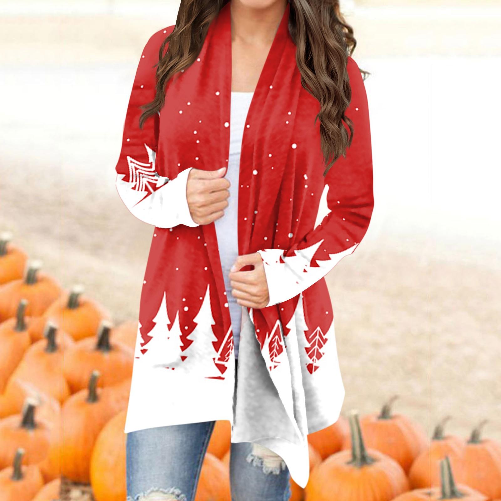 

Женская мода повседневное рождественский принт средней длины Slim Fit кардиган пальто XXL красный