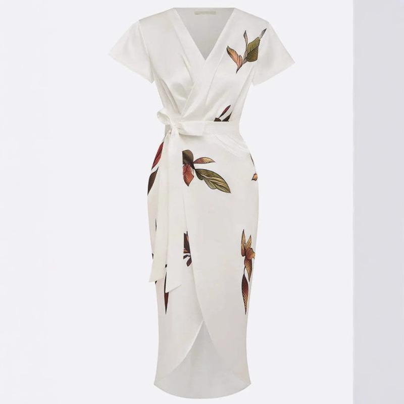 Fashion new satin print belt dress
