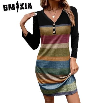 Women's Fashion Summer Spring Long Sleeve V-Neck Casual Dresses