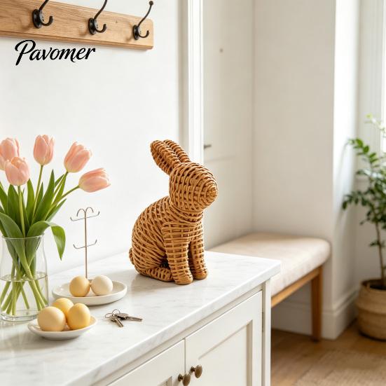 Holiday Gift for Home 3D Printed Wicker‑Look Bunny Figurine, Rattan Texture Rabbit Statue, Easter Decor Weather Resistant Decorative Ornament Indoor