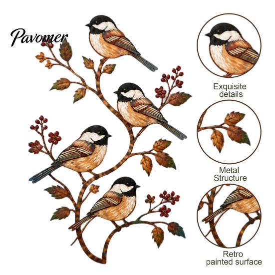 Weather Resistant Metal Decor Bird Wall Decor, Red & Chickadee Sculpture with Branches and Decorative Accents for Balcony Berries, 2D Iron Art Hanging