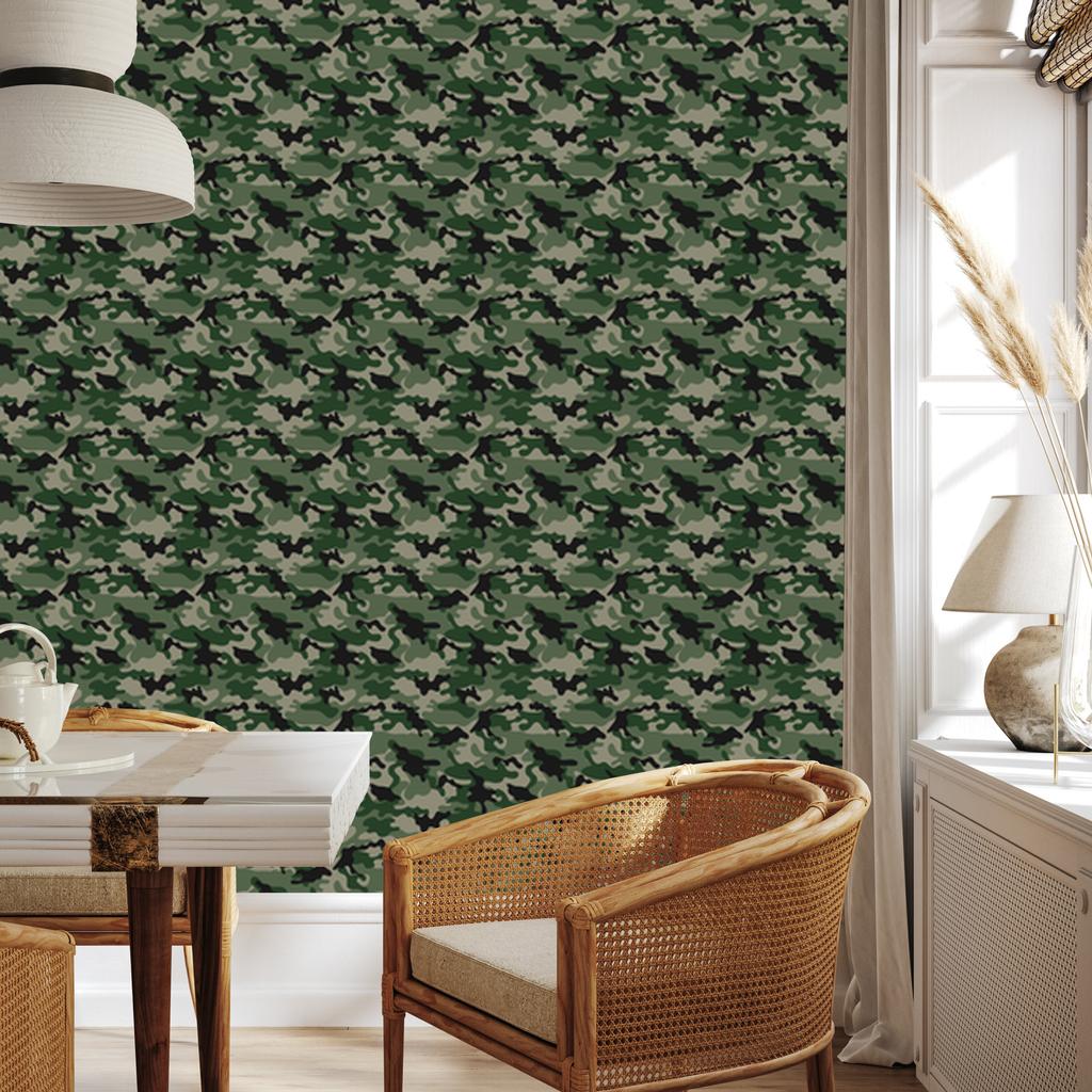 Bottle Green and Olive Military Camouflage Wallpaper 50x1000