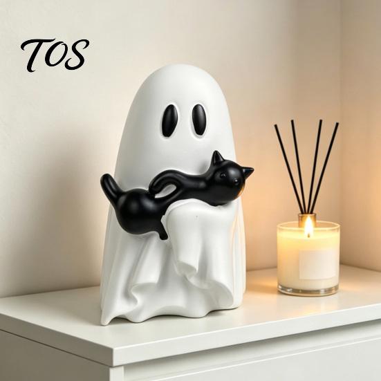 Halloween Ghost And Black Cat Figurine Ornament, Hugging A Sculpture, Small Resin Collectible for Unique Figurine, Home Bedroom Entrance Display