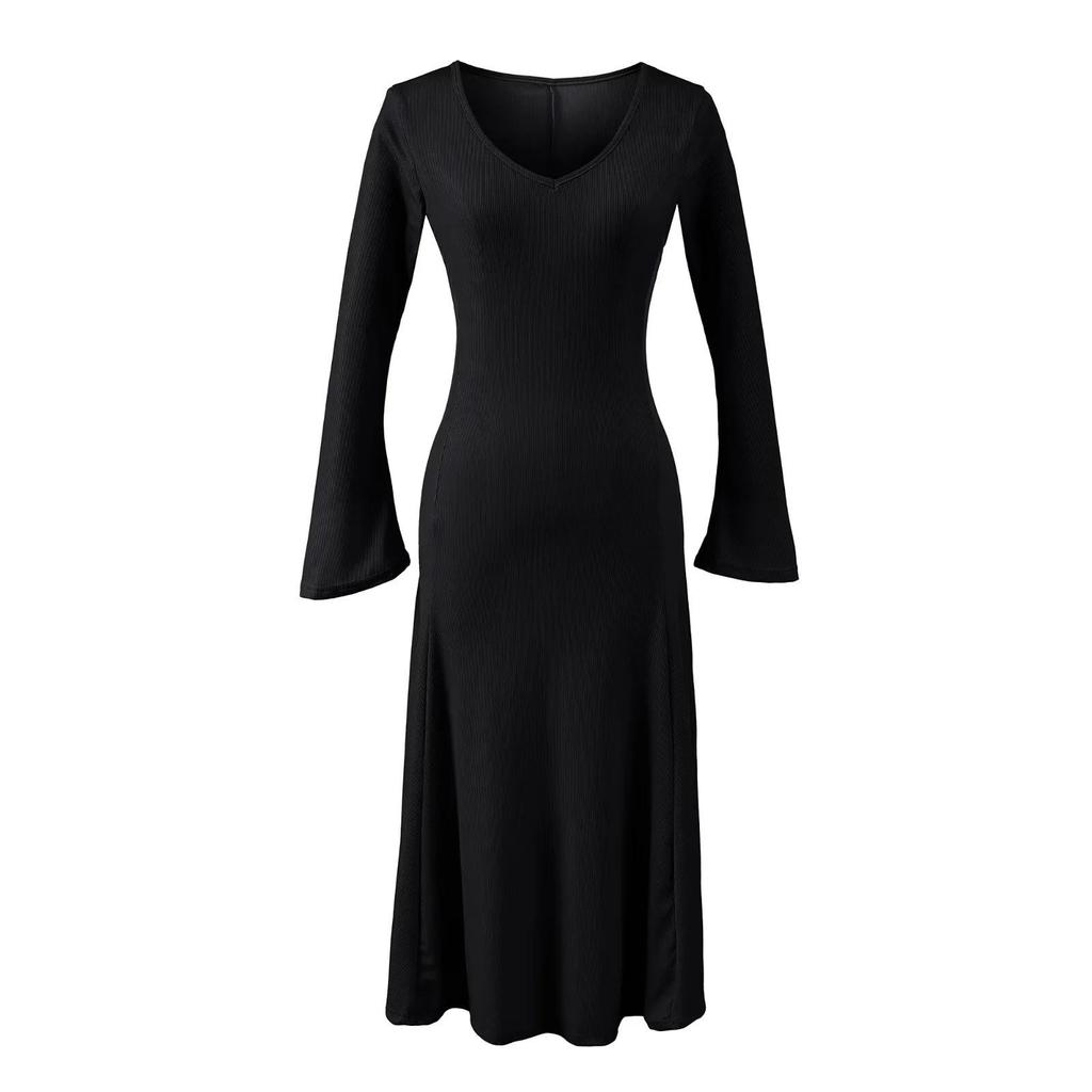 Women's French Retro V-neck Bell Sleeve Knit Dress, Autumn/Winter Slim Fit