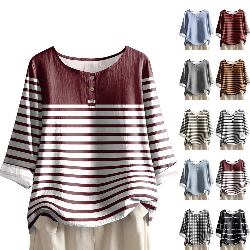 Women's Casual Three-quarter Sleeve Round Neck Gradient Color Printed Cotton And Linen Top