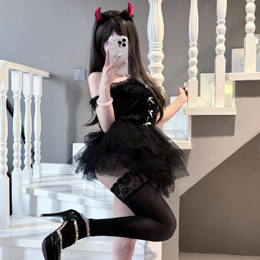 Sex Underwear Sexy Dark Square Collar Pure Desire Wind Waist Thin Fluffy Princess Short Skirt Set