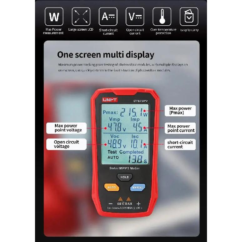 UNI-T UT673PV Solar Panel Tester Solar MPPT Meter Maximum Photovoltaic Power Pmax Vmp Lmp Voc Lsc PV Solar Panel Multimeter