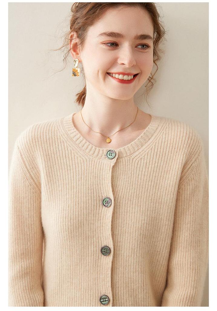 2024 Women's Cashmere Ribbed Round Neck Loose Knit Cardigan Sweater for Autumn/Winter
