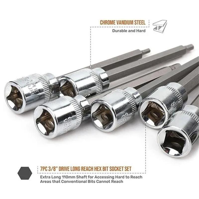 7pcs 3/8" Drive Extra Long Allen Hex Bit 3-10mm Impact Adapter Allen Key Socket Bit Set Automotive Hand Tools With Storage Case