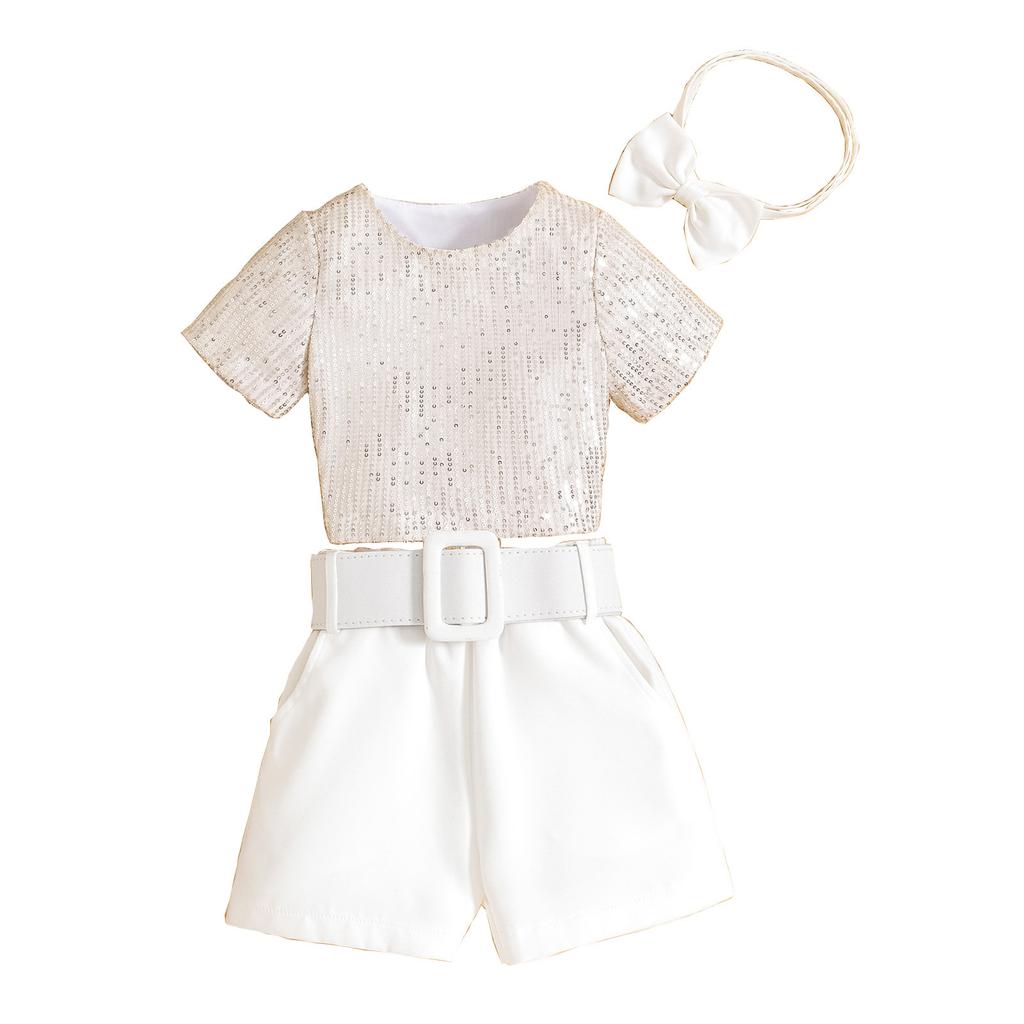 Girls Fashion Suit Summer Kids Sequin Short Sleeve T-shirt + Solid Color Shorts with Belt Suit