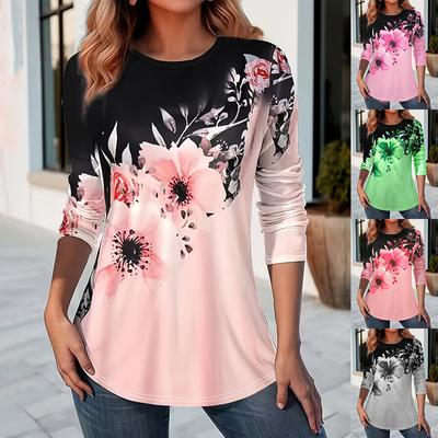 Damskie swobodne wygodne bluzki Bluzki z długim rękawem Modne koszule z nadrukiem kwiatowym i okrągłym dekoltem Luźne bluzki Plus Size