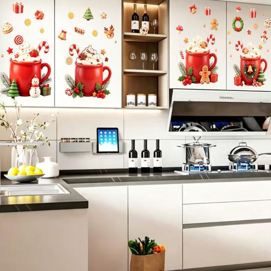 Self Adhesive Refrigerator Decor 2Pcs Christmas Hot Drinks Wall Stickers for Kitchen Cabinets, Self-Adhesive Art Holiday Fridge Decorations