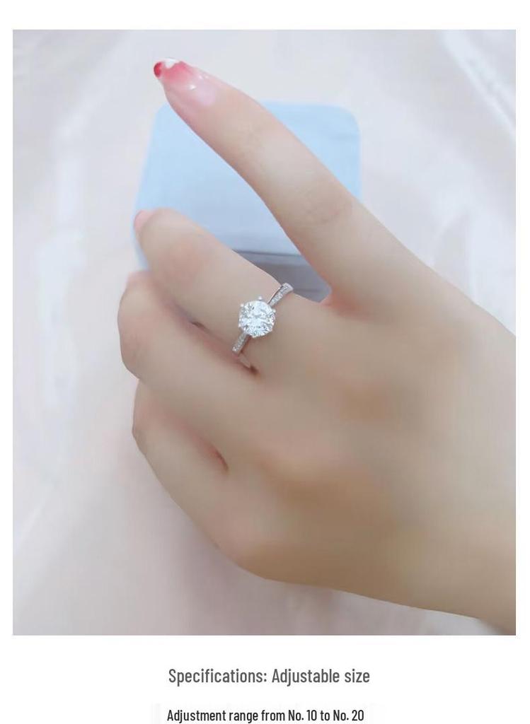 S925 Sterling Silver Adjustable Six-Prong Diamond Simulated Ring for Women - Elegant, Light Luxury Proposal Jewelry