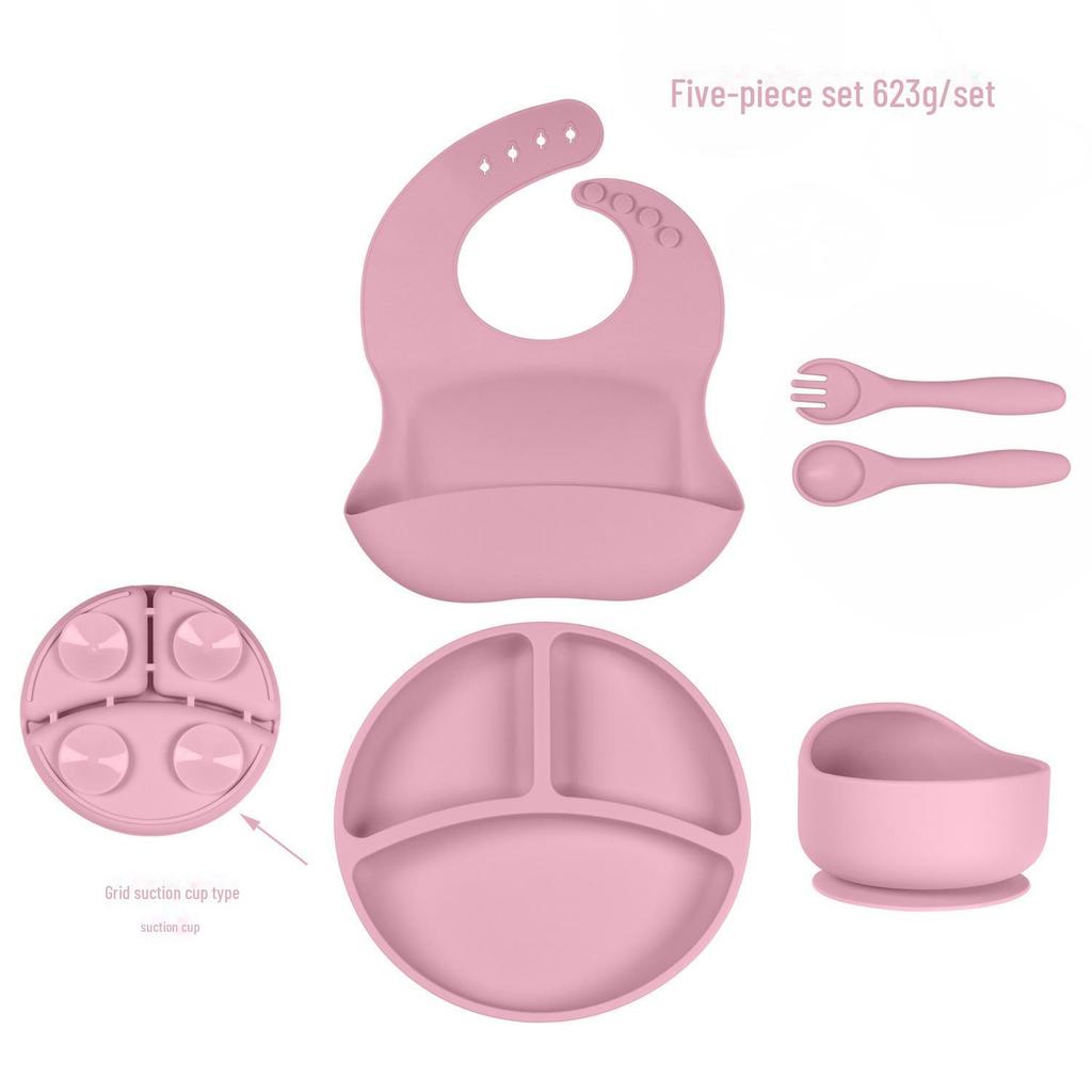 Kids' Silicone Tableware Set: Shatter-Resistant Plate, Bowl, Fork, Spoon, Bib (5-Piece)