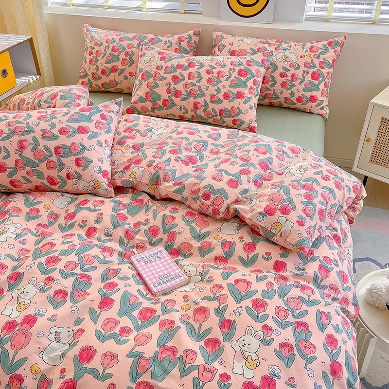 Juego de cuatro piezas de algodón puro de 60 hilos, cama gruesa de algodón puro, juego de tres piezas, algodón de fibra larga, funda de edredón pequeña y fresca, sábana ajustable