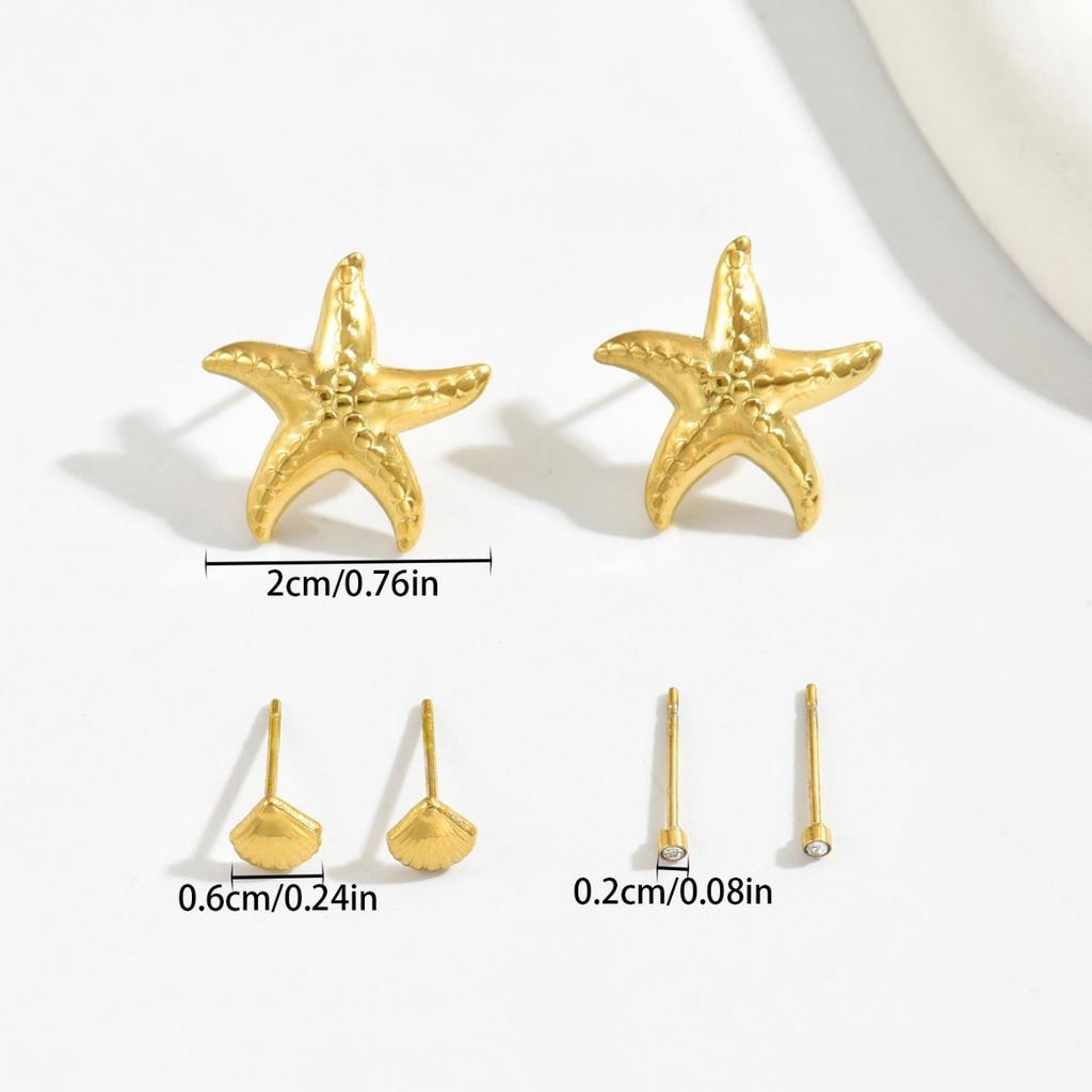 Beach Wind Women's Earrings Set Geometric Starfish Shell Diamond Design Stud Earrings Versatile Earrings