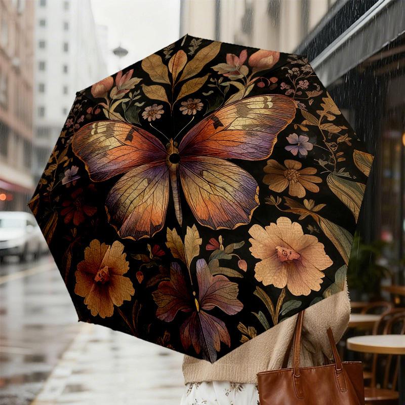 1pc Butterfly Flowers Automatic Folding Umbrella, Heavy Duty 8 Rib Iron Frame,  Suitable for Travel, Daily Use, Birthday, Decor Gift M0104078