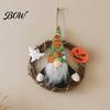 Faceless Gnome Wreath Halloween Wreath, Rattan Rustic Hanging Decoration Seasonal with Pumpkin Ghost for Front Door Wall Holiday Party Decor