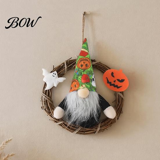 Faceless Gnome Wreath Halloween Wreath, Rattan Rustic Hanging Decoration Seasonal with Pumpkin Ghost for Front Door Wall Holiday Party Decor