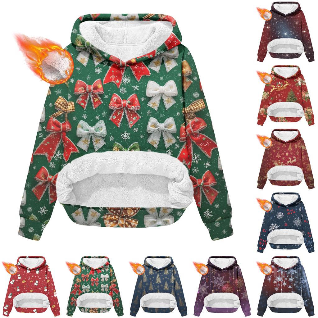 Women's Fashionable Casual Long-Sleeved Christmas Print Fleece-Lined Thick Hooded Sweatshirt