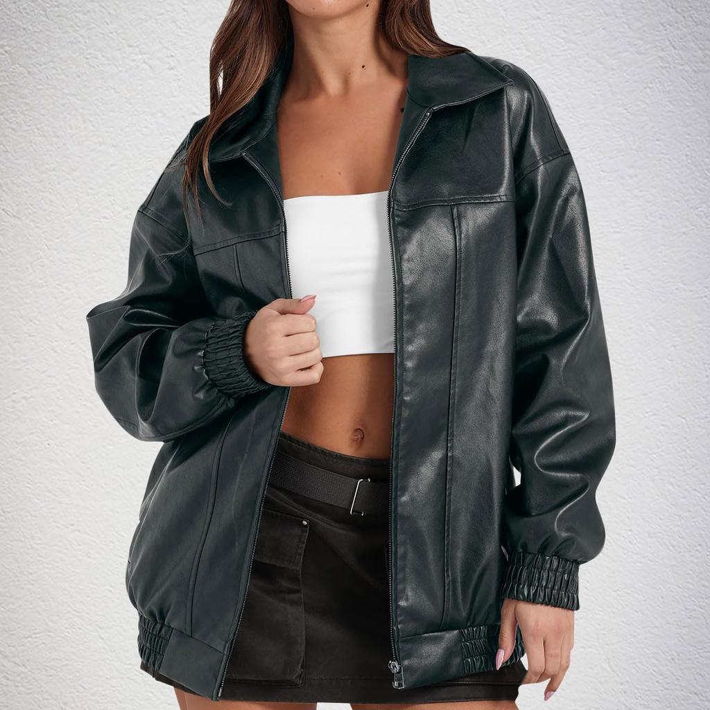 Women's Fashion Leather Jacket, Long-Sleeved, Lapel, Zipper, Side Pockets, Casual Windbreaker Coat