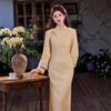 1011 autumn new cheongsam high-end national style yellow women's cheongsam cuffs heavy industry embroidery improved long cheongsam