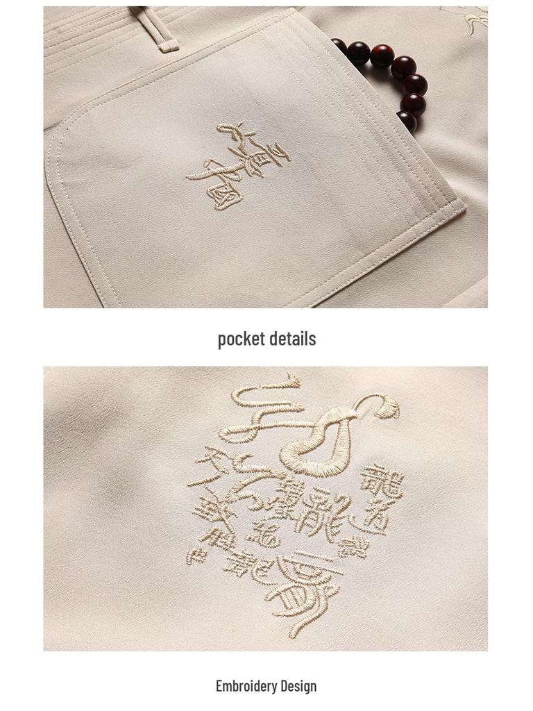 Men's Embroidered Short Sleeve Tang Suit - Loose Fit Dragon Set for Fathers and Seniors