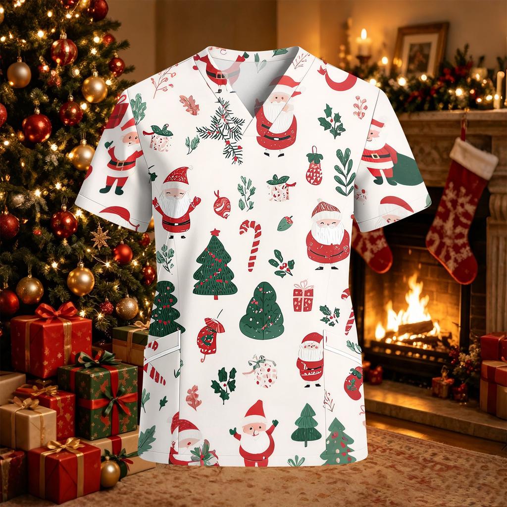 Damen Arbeitshemd mit V-Ausschnitt, kurzen Ärmeln, Taschen und Seitenschlitzen, Weihnachtsdruck
