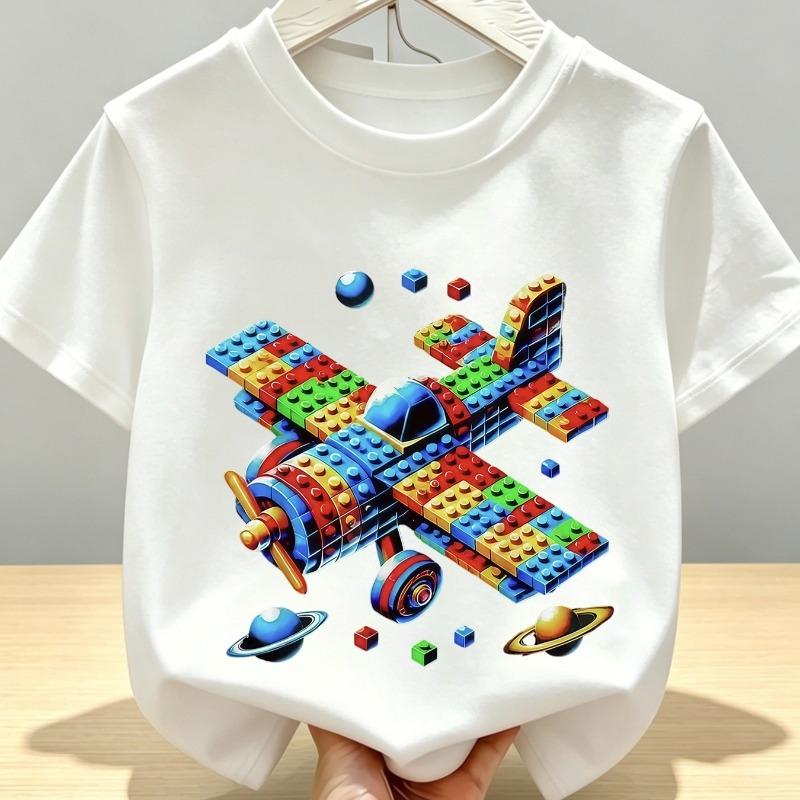 Kids Summer Crew Neck Short Sleeve T-Shirt with Colorful Building Block Airplane Print 110 белый