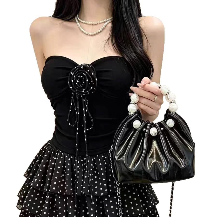 #Summer New Sweet and Spicy Storm Point Splicing Rose Tube Top Women's Fixed with Chest Pad Versatile Top