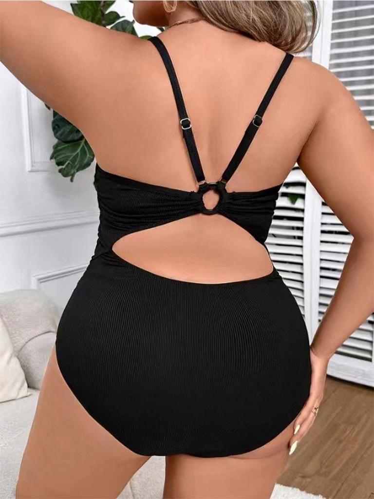 2026 Plus Size European & American Black Backless Slimming One-Piece Swimsuit for Women
