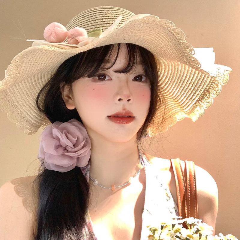 Big Brim Sun Hat Seaside Beach Idyllic Forest Bow Streamer Straw Hat Female Summer Flower Tulip