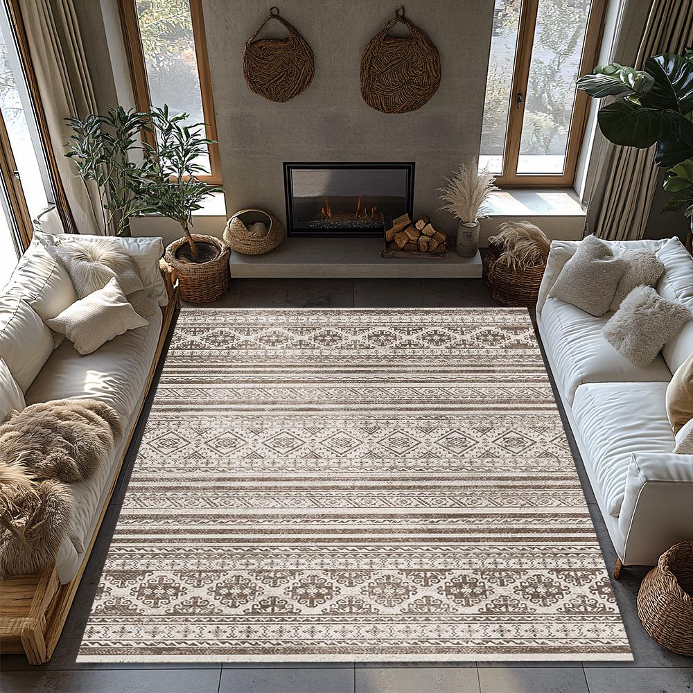 Beige Bohemian Area Rug, Floral Pattern Non-Slip Carpet, Natural Living Room Mat for Cozy Home Decor