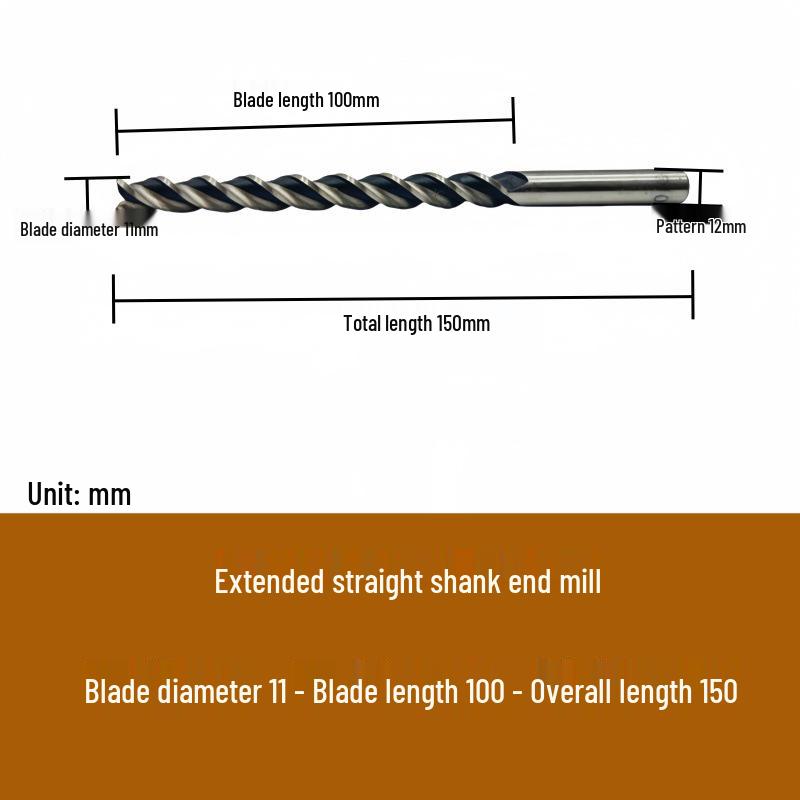 High-Speed Steel Extended Straight Shank Three-Flute End Mill, 2.5-10mm, White Steel