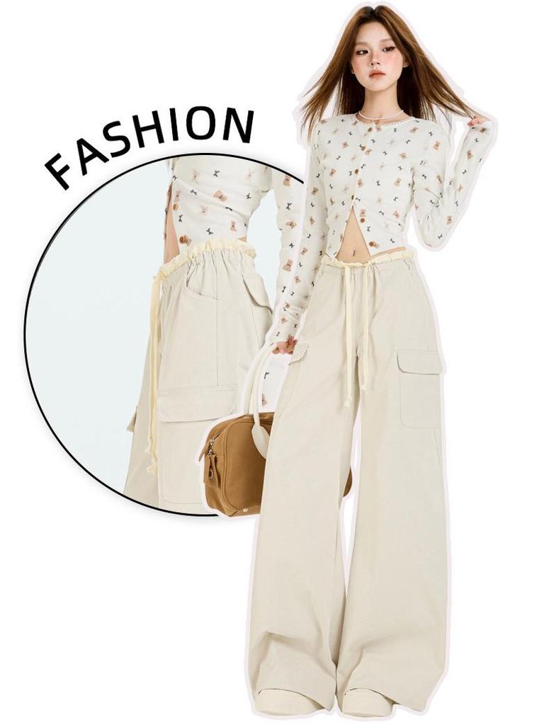 Damen Sommer Grüne Cargohose - Amerikanischer Stil, Elastischer Bund, Kordelzug, Mehrere Taschen, Lässiges Weites Bein Design