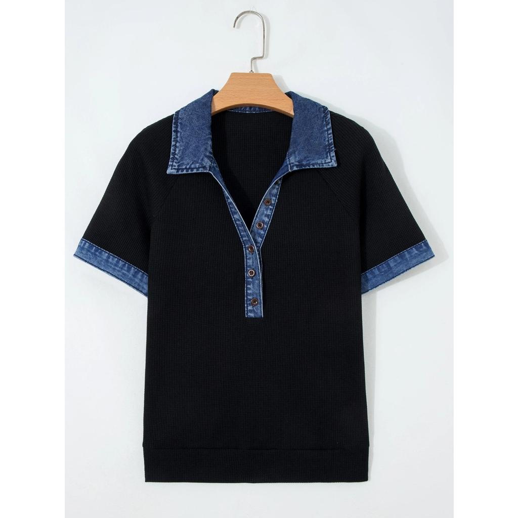 Spring Summer New Women's Washed Denim Patchwork Knit Fake Two-piece Top