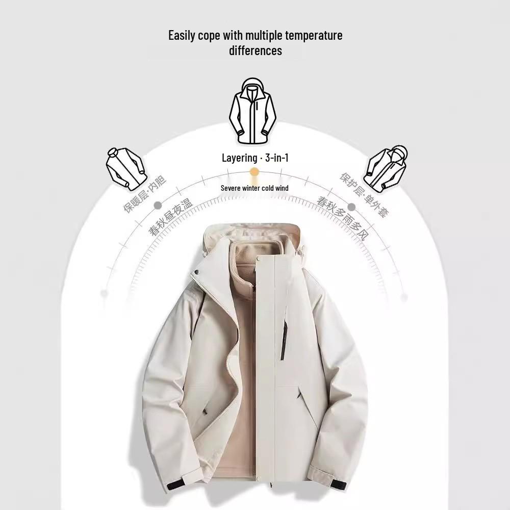 Unisex 2024 Autumn/Winter 3-in-1 Windproof Jacket: Waterproof, Fleece-Lined, Loose Fit, Casual Outerwear.