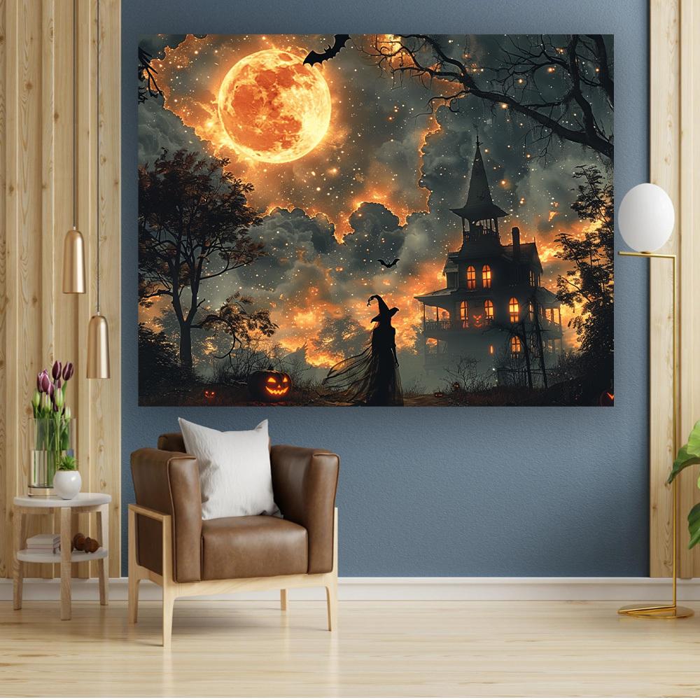 Halloween Witch and Full Moon Haunted House Background - Multi-functional Polyester Photography Backgroundzyc