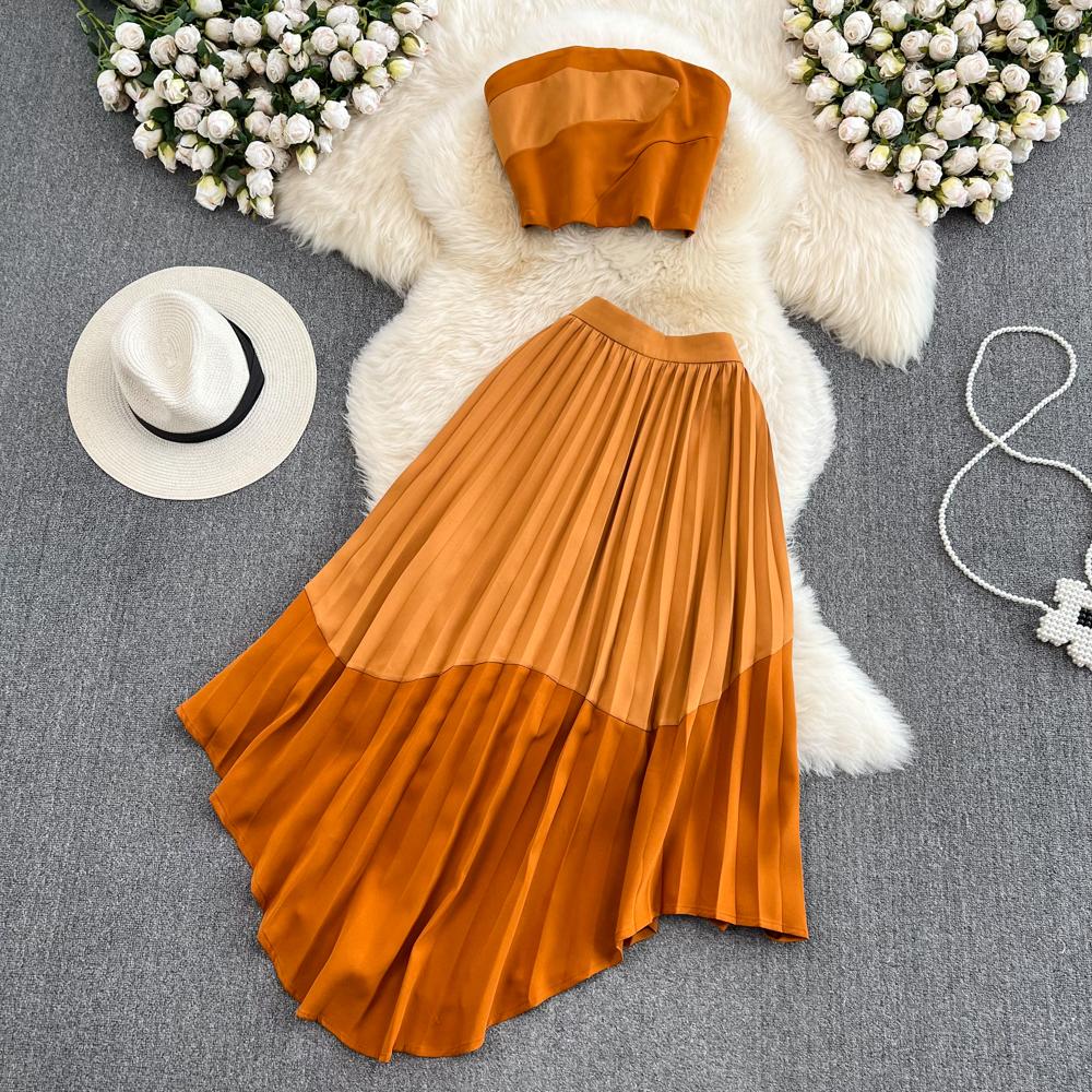 Fashion Suit Women's Strapless Tube Top Top Two-Piece High Waist Drape Irregular Pleated Skirt