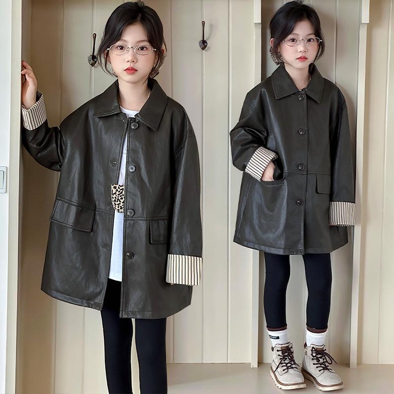 

Girls 2025 Autumn Korean Style Lapel Leather Jacket - Mid-Length Coat for Fashionable Kids 120cm темный кофе