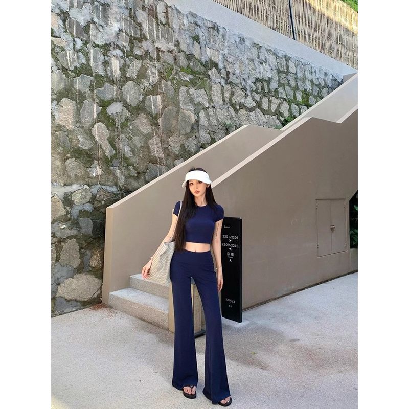 Kumikumi Gyaru Set Simple Solid Short sleeve T-shirt Women Summer High Waist Casual Pants Bootcut Trousers Two-piece Set