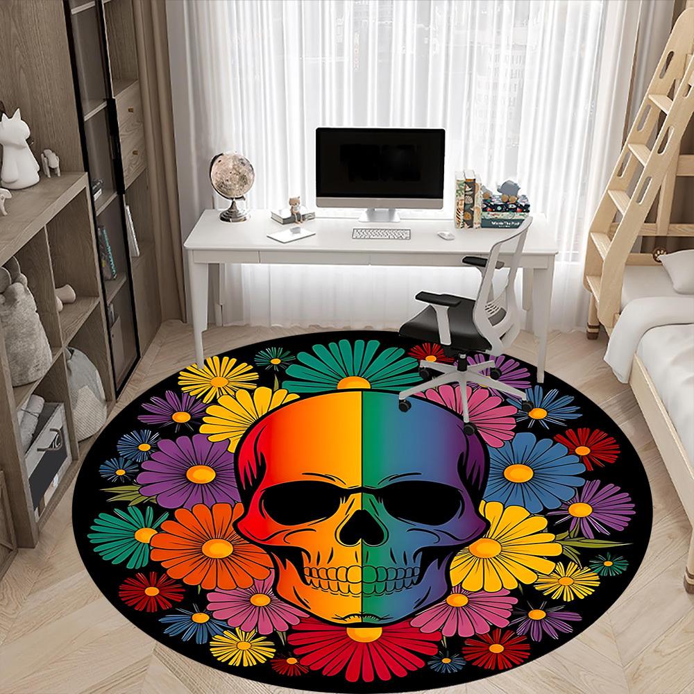 1pc Skull Flowers Chair Carpet for Office, Round Non Slip Durable Large Size Office Carpet, Suitable for Office