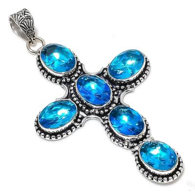 Natural Blue Topaz Gemstone Handmade 925 Sterling Silver Pendant 3.47" U1u13