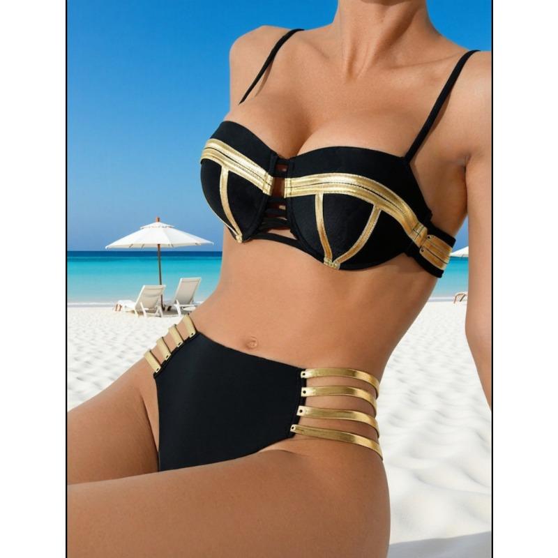 Women S Split Swimsuit Sexy Bikini Set With Gold Foil Decor Push Up Pure Desire Style