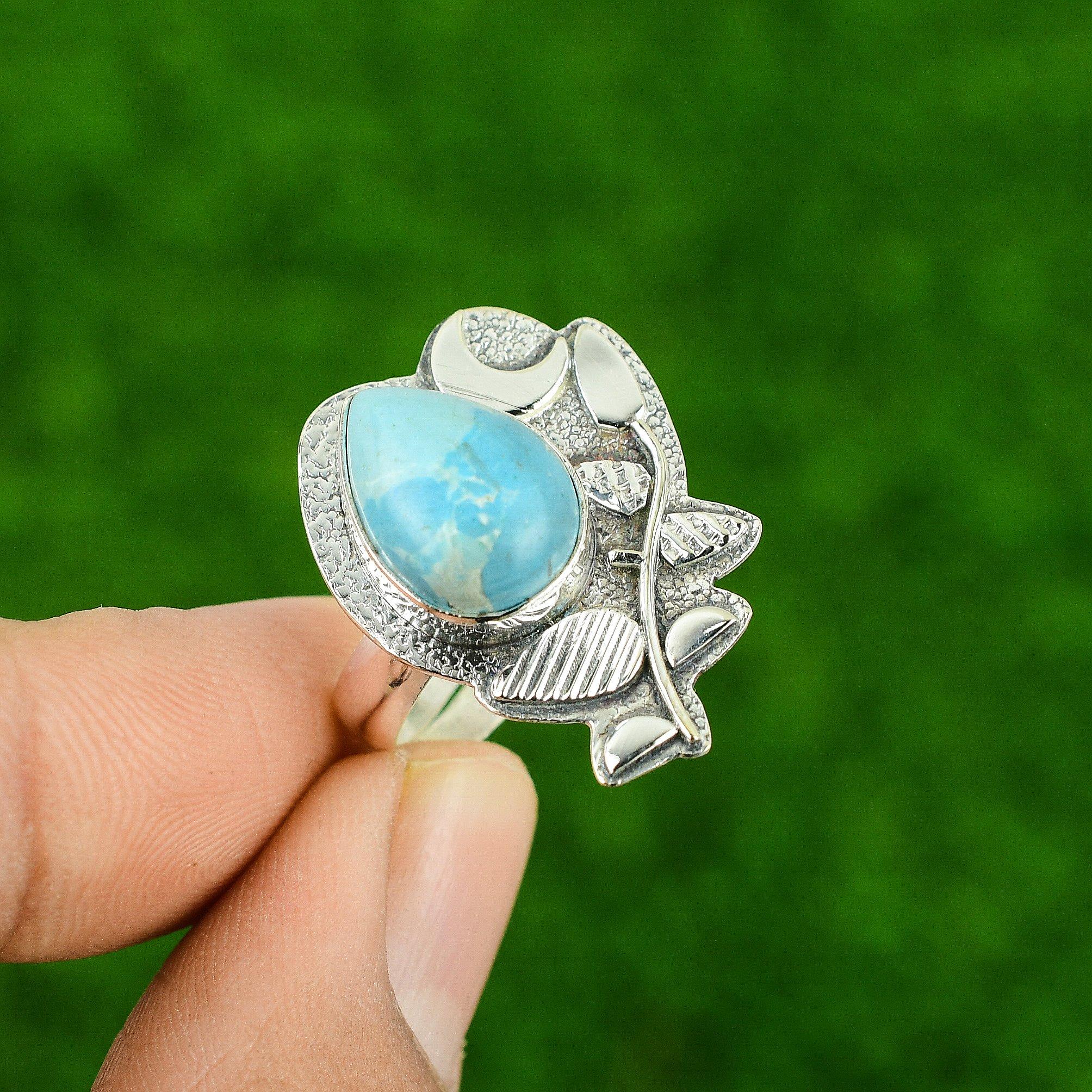 

925 Silver Natural Arizona Turquoise Bezel Stackable Cescent Moon Ring Jewelry Adjustable
