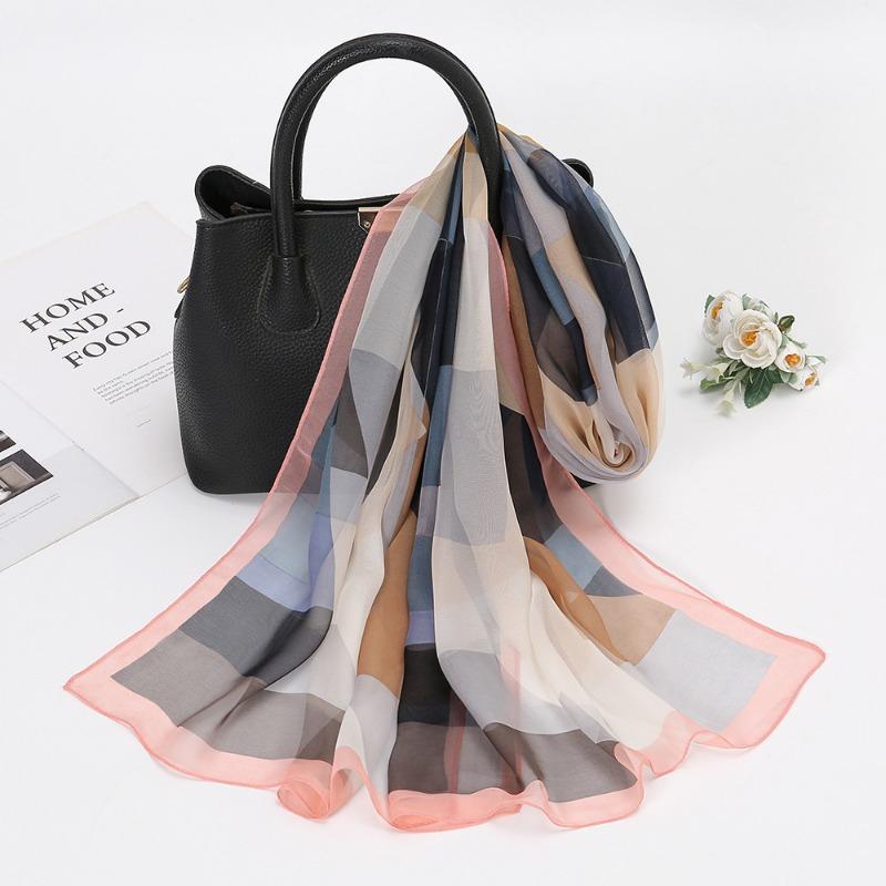 New Georgie yarn splicing color plaid silk scarf women, spring and summer high-quality chiffon festive gifts
