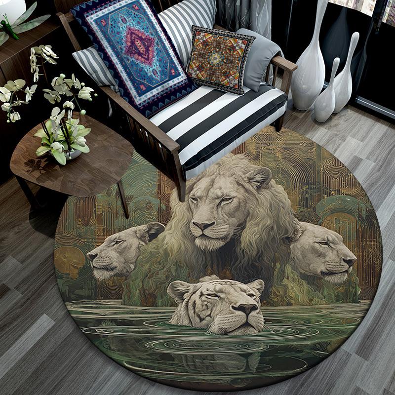 Lions Round Area Rug,Carpet Rug for Living Room Bedroom Sofa Playroom Decor,Non-slip Floor Mat