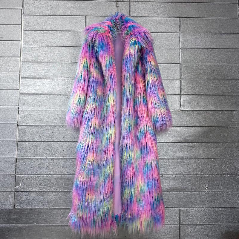 

Women s Colorful Faux Fur Coat - Extended Length Jacquard with Suit Collar XL