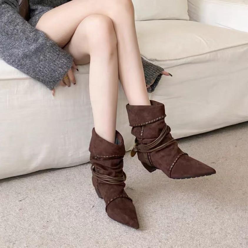 Brown fashion trend retro pointed thick heel boots women's shoes 2025 new autumn versatile height-increasing and thin short boots